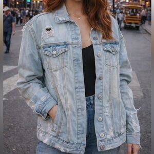 FOREVER 21 Light Blue Distressed Denim Jacket with holes size s/m adorable!